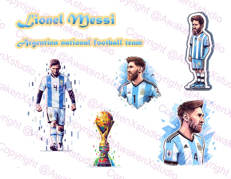 Op de afbeelding: Een digitale illustratie van Lionel Messi, een beroemde Argentijnse voetballer, die het blauw-witte shirt van het Argentijnse nationale team draagt. De afbeelding bevat een close-up van Messi's gezicht, een full-body afbeelding van Messi die een voetbal vasthoudt, en een trofee met een gouden basis en een globe op de top.