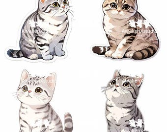 Amerikaanse korthaar kattenstickers, zilver tabby, digitale planner (PNG, pdf)
