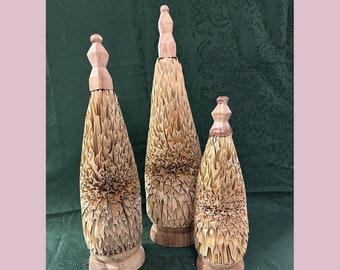Natural wood/ dry grass Folk Art Topiaries- Made in the Philippines.