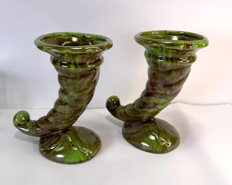 Pair of Green West Coast California Pottery Footed Cornucopia Vases- 1940s