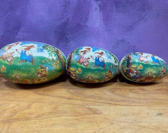 Set of Three Vintage Paper Mache Easter Eggs- Rabbits on a Picnic
