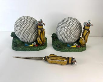 Set of Vintage Golf Book Ends and Letter Opener