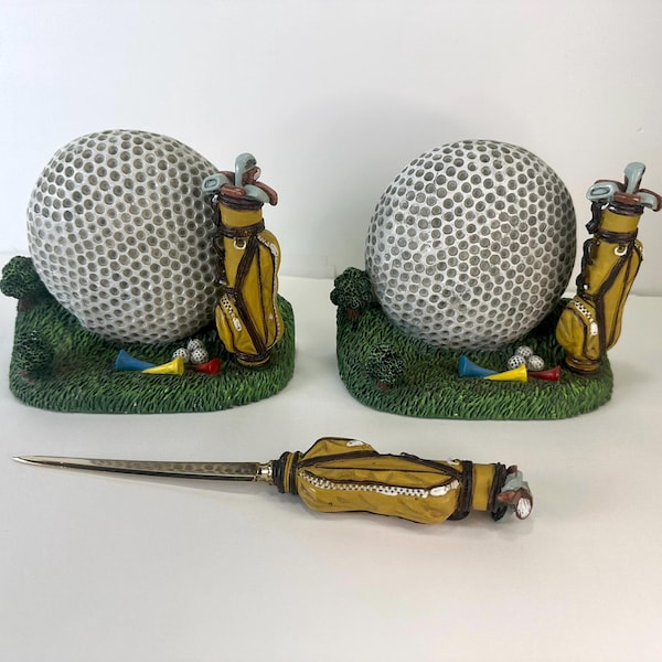Set of Vintage Golf Book Ends and Letter Opener