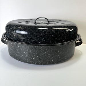 Large Vintage USA Black Speckled Enamel Roaster