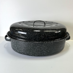 Large Vintage Black Speckled Enamel Roaster