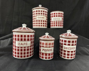 BB French Antique Enamel Canisters- Set of 5