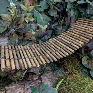 May include: A flexible suspension bridge constructed from numerous thin, light brown bamboo sticks connected by dark brown cord. The bridge features a curved, ladder-like design with visible suction cups at the ends for attachment to smooth surfaces.