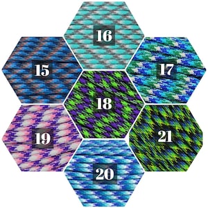 May include: A hexagonal pattern of 6 different paracord colors, each with a number from 15 to 21. The paracord is a type of rope used for crafting and survival.