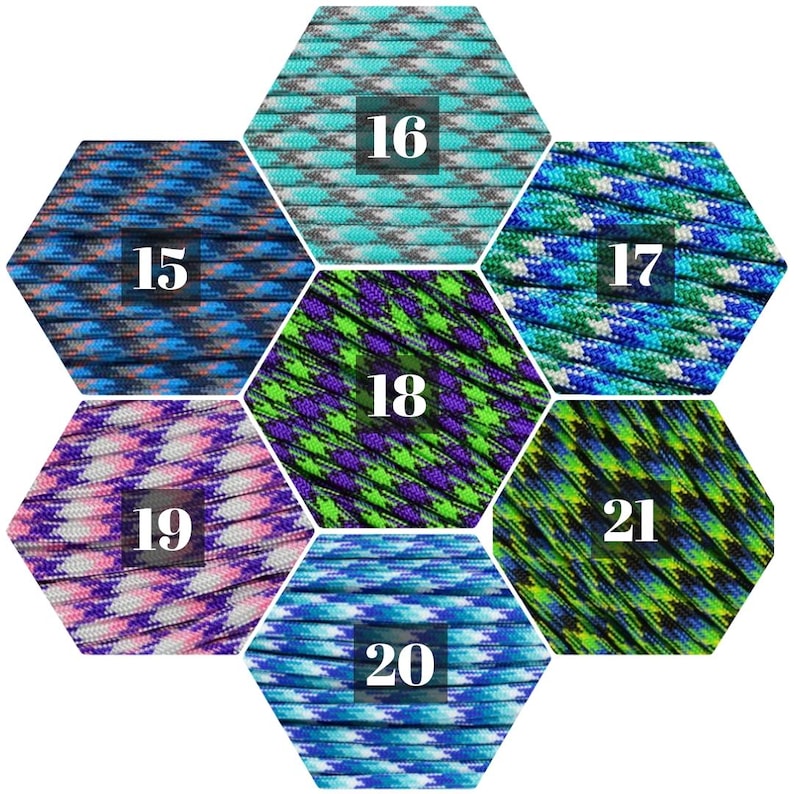 May include: A hexagonal pattern of 6 different paracord colors, each with a number from 15 to 21. The paracord is a type of rope used for crafting and survival.
