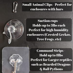 May include: Three different types of hooks for hanging items in reptile enclosures. The first is a small metal clip, the second is a suction cup hook that holds up to 3 pounds, and the third is a command strip hook that holds up to 8 pounds.