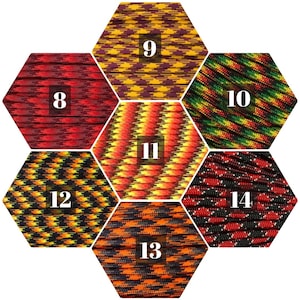 May include: A close-up of 12 different paracord color combinations, each with a number from 8 to 14. The paracord is arranged in a honeycomb pattern.