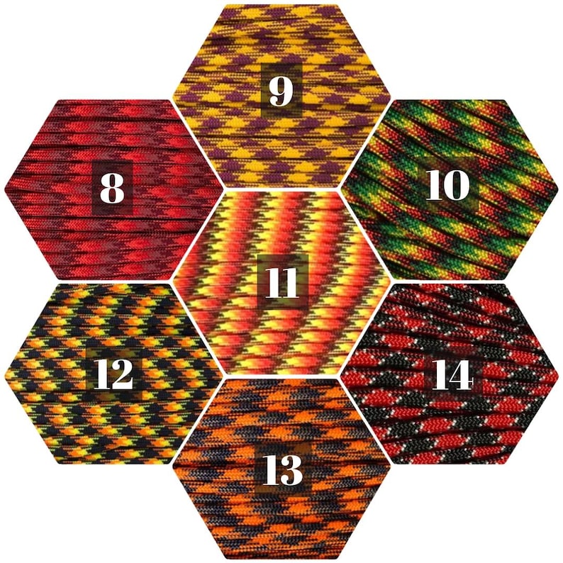 May include: A close-up of 12 different paracord patterns in a honeycomb shape. The paracord is in various colors, including red, yellow, black, green, and white. Each pattern is numbered from 8 to 14.