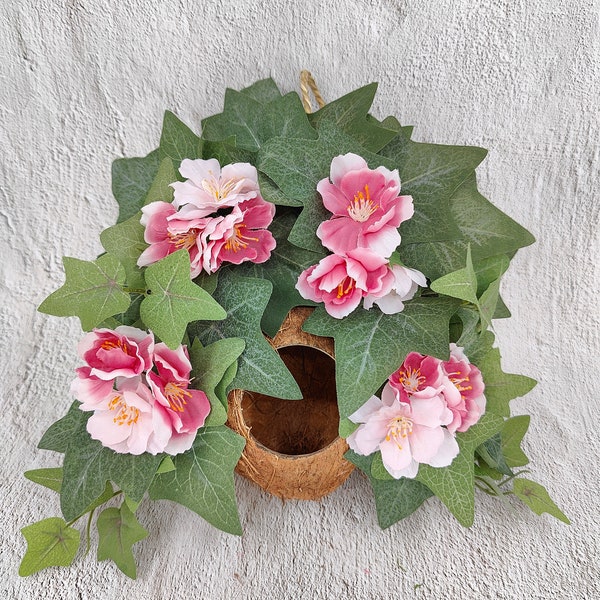 Hanging Coconut with Pink Flowers