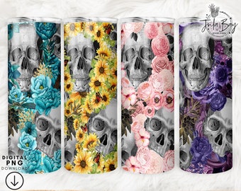 Skull Tumbler Wrap Bundle, Skeleton Tumbler PNG Bundle, Skulls and Flower Tumbler Bundle, Gothic Sublimation Tumbler, Seamless Tumbler Wrap