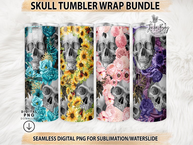 Skull Tumbler Wrap Bundle, Skeleton Tumbler PNG Bundle, Skulls and Flower Tumbler Bundle, Gothic Sublimation Tumbler, Seamless Tumbler Wrap image 1