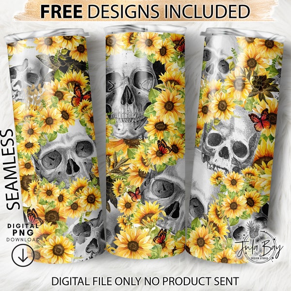 Skull Tumbler Wrap, Sunflower Tumbler PNG, Skeleton Tumbler Design, Gothic Tumbler PNG, Halloween Sublimation Tumbler design for 20oz Skinny