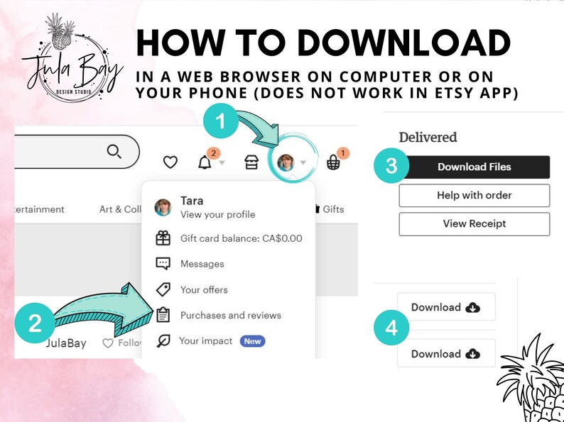 May include: A screenshot of a computer screen showing how to download digital files from Etsy. The steps are numbered 1 through 4. Step 1 shows how to access your Etsy account. Step 2 shows how to access your purchases. Step 3 shows how to access your downloaded files. Step 4 shows how to download the files.
