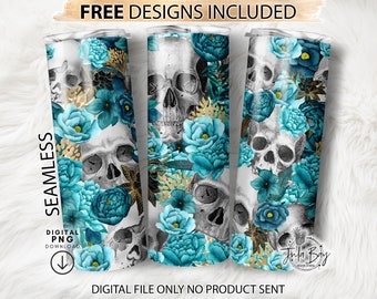 Skulls And Flowers Tumbler Design Turquoise Teal 20oz Skinny Tumbler Template for Sublimation, Skull Full Tumbler Wrap, Skinny Tumbler PNG