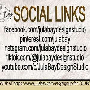 May include: Social media links for Jula Bay Design Studio, including Facebook, Pinterest, Instagram, TikTok, and YouTube.  Sign up at the website for a coupon.