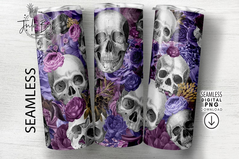 Skull Tumbler Wrap Bundle, Skeleton Tumbler PNG Bundle, Skulls and Flower Tumbler Bundle, Gothic Sublimation Tumbler, Seamless Tumbler Wrap image 3