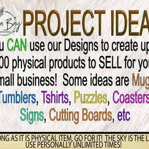 May include: A graphic with the text "PROJECT IDEAS" in gold. It lists product ideas like mugs, t-shirts, and cutting boards, and states designs can be used to create up to 100 physical products for a small business. The Jula Bay Design Studio logo is in the upper left.