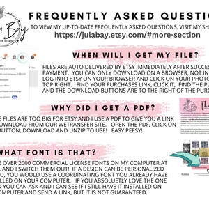 May include: A white graphic with text about Etsy shop FAQs, including how to download files and font information. The Jula Bay Design Studio logo is at the top left, with social media icons at the bottom right.