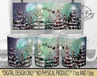 Christmas Mug Full Wrap Northern Lights Mug Sublimation Design Santa Sleigh PNG Christmas Trees with Lights Santa Sleigh Christmas Night Sky