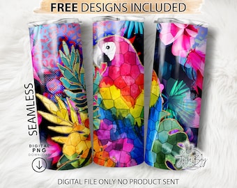 Stained Glass Parrot Tumbler PNG, Stained Glass Tumbler Wrap, Tropical Tumbler Wrap, Stained Glass PNG, Macaw Tumbler Design, 20 oz Skinny