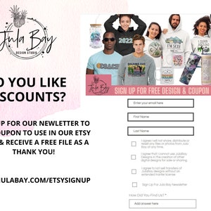 May include: Promotional graphic for Jula Bay Design Studio. Text includes "Do you like discounts?" and "Sign up for our newsletter to get a coupon." The image also features various designs on apparel and drinkware.