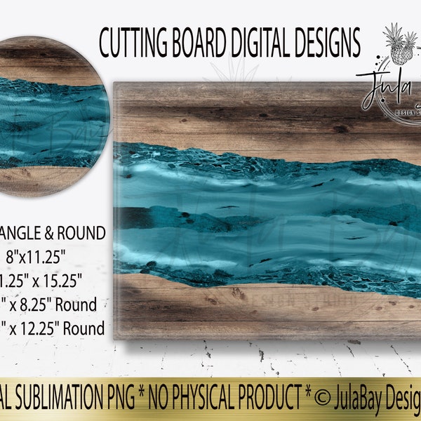 Wood and Epoxy Cutting Board Sublimation Design PNG Faux Wood and Teal Cutting Board Design, Charcuterie Board Round Cutting Board Rectangle