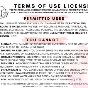 May include: Terms of Use License document from Jula Bay Design Studio. The document outlines permitted and prohibited uses of the design, including commercial and personal use guidelines. The document is white with black text and pink accents, and features a pineapple illustration.
