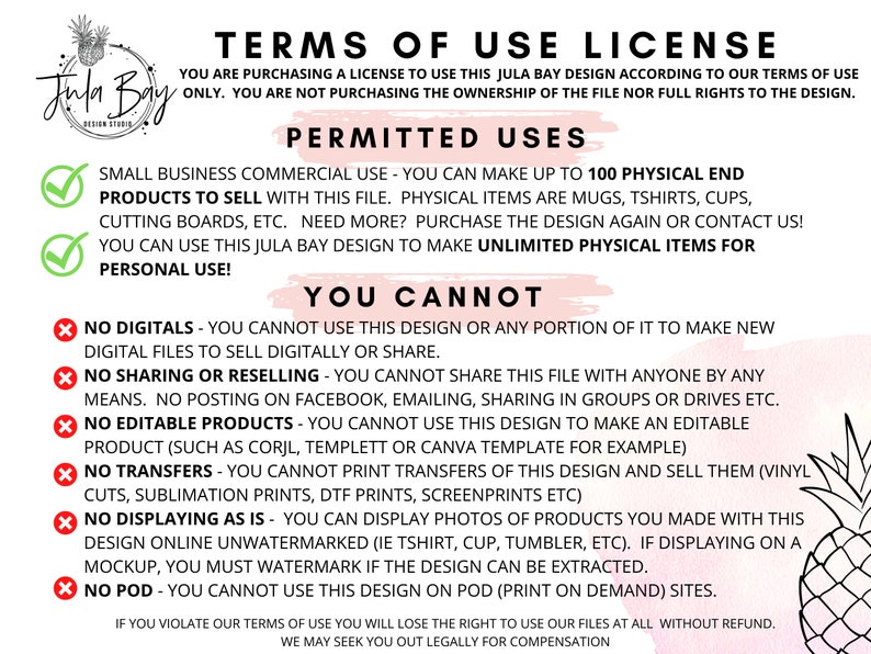 May include: Terms of Use License document from Jula Bay Design Studio. The document outlines permitted and prohibited uses of the design, including commercial and personal use guidelines. The document is white with black text and pink accents, and features a pineapple illustration.