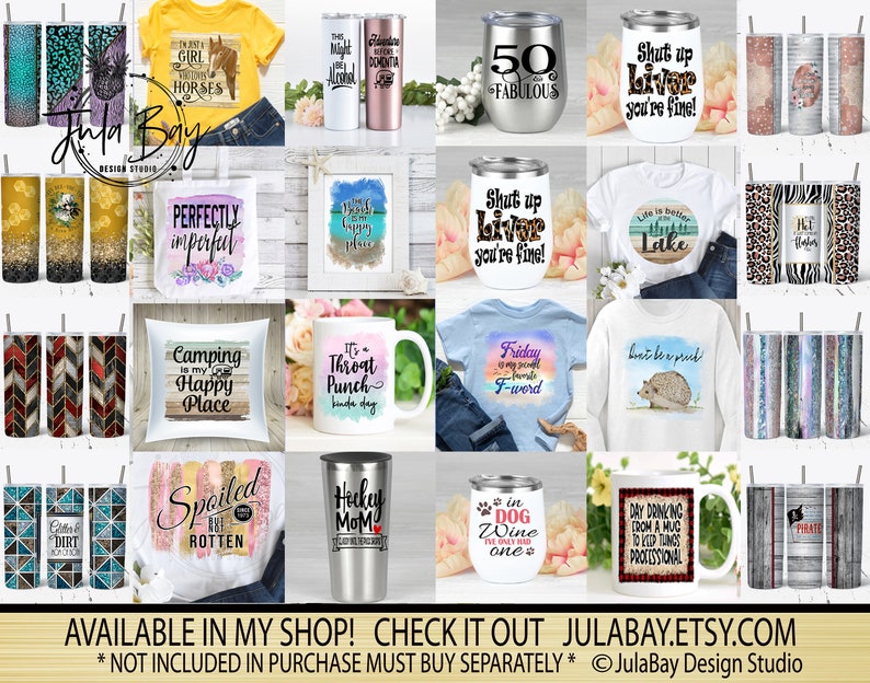 May include: A collection of various drinkware, apparel, and home decor items. Includes tumblers, mugs, a pillow, and shirts with humorous quotes and graphics. The items feature designs with horses, lake scenes, and other playful themes. The text "AVAILABLE IN MY SHOP! CHECK IT OUT JULABAY.ETSY.COM" is visible.