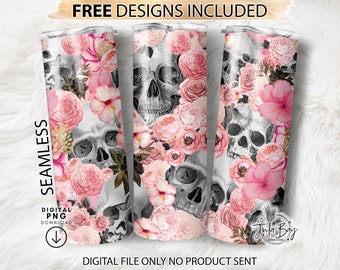 Skulls And Flowers Tumbler Wrap, Skull Tumbler PNG, Skeleton Tumbler PNG for Sublimation, Seamless 20oz Skinny Tumbler Design, Goth Tumbler