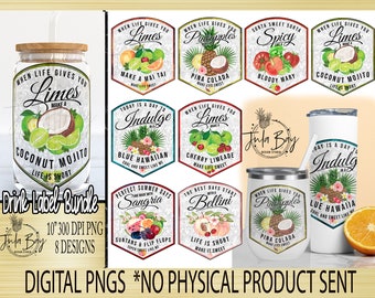 Glass Can Sublimation Designs PNG | Drink Label Bundle When Life Gives you Limes Make Cherry Limeade PNG, Pina Colada Drink Label PNG