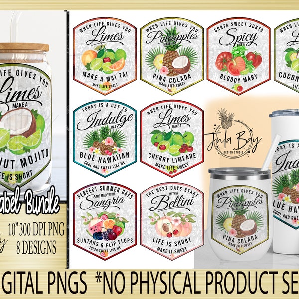 Glass Can Sublimation Designs PNG | Drink Label Bundle When Life Gives you Limes Make Cherry Limeade PNG, Pina Colada Drink Label PNG