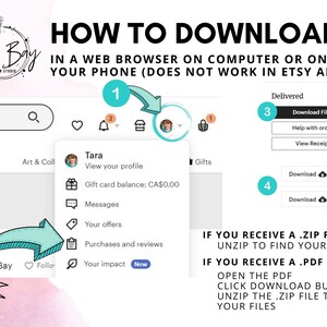 May include: White background with text "HOW TO DOWNLOAD" and instructions. Steps 1-4 are numbered with arrows pointing to the Etsy website interface. Text includes "IN A WEB BROWSER ON COMPUTER OR ON YOUR PHONE (DOES NOT WORK IN ETSY APP)".