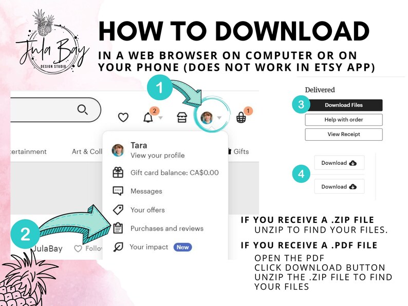 May include: White background with text "HOW TO DOWNLOAD" and instructions. Steps 1-4 are numbered with arrows pointing to the Etsy website interface. Text includes "IN A WEB BROWSER ON COMPUTER OR ON YOUR PHONE (DOES NOT WORK IN ETSY APP)".