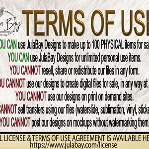 May include: Terms of Use graphic with the Jula Bay Design Studio logo. The text states what is and isn't allowed when using the designs, including making up to 100 physical items for sale and unlimited personal use. The graphic is on a white fur-like background.