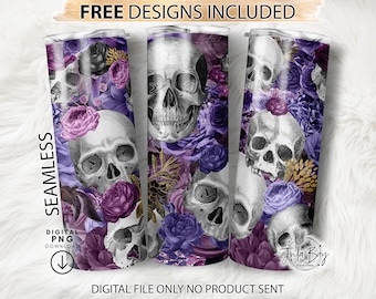 Skull Tumbler Wrap, SEAMLESS Skulls And Flowers tumbler design for Sublimation, Skulls and Purple Flowers Skinny Tumbler 20oz Skinny Tumbler