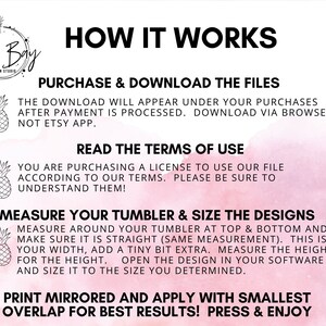 May include: A pink and white watercolour background with black text explaining how to purchase and download digital files for a design. The text also includes instructions on how to measure a tumbler and size the design for printing. The text includes the phrase "Jula Bay Design Studio".