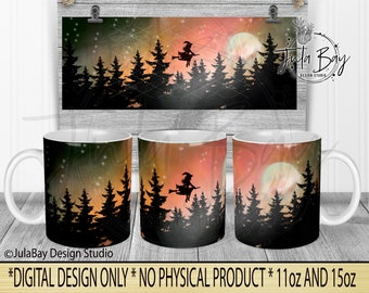 Halloween Mug Wrap PNG Sublimation Design, Halloween Northern Lights Mug PNG,  Full Moon Halloween PNG for Mugs, Witch Mug Design, Orange