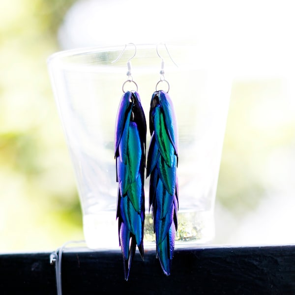 Iridescence Emerald Green Blue Jewel Elytra Beetle Wings 4" Long Drop Dangle  Earrings Natural Art Thai Handcraft Elegant Colorful of Nature