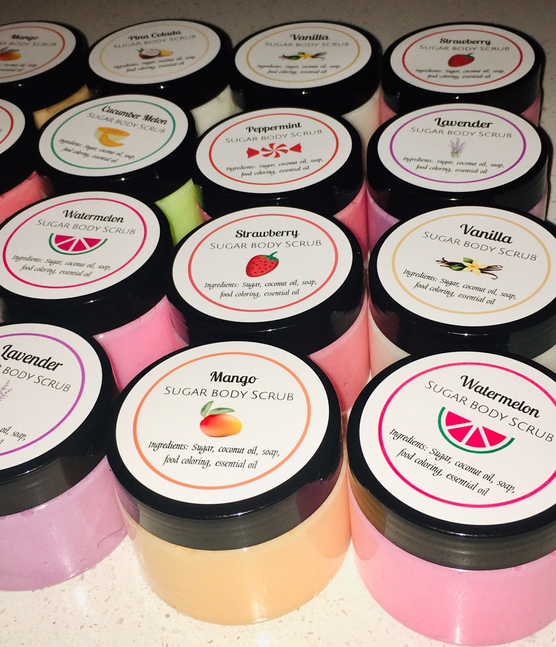 24 Scented Sugar Body Scrubs 4.5oz / Wholesale/Ready For Etsy