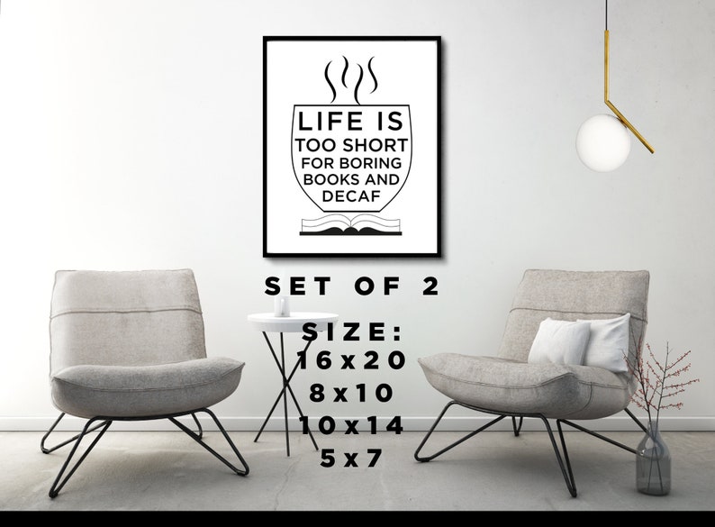 Coffee Book Lovers Quote Poster Set Of 2 Funny Coffee Book Quote Wall Art Digital Download