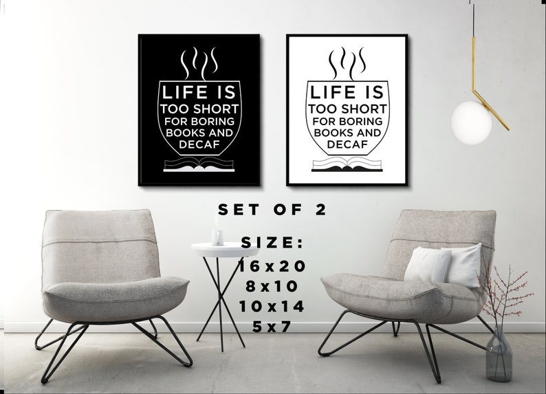 Coffee Book Lovers Quote Poster Set Of 2 Funny Coffee Book Quote Wall Art Digital Download