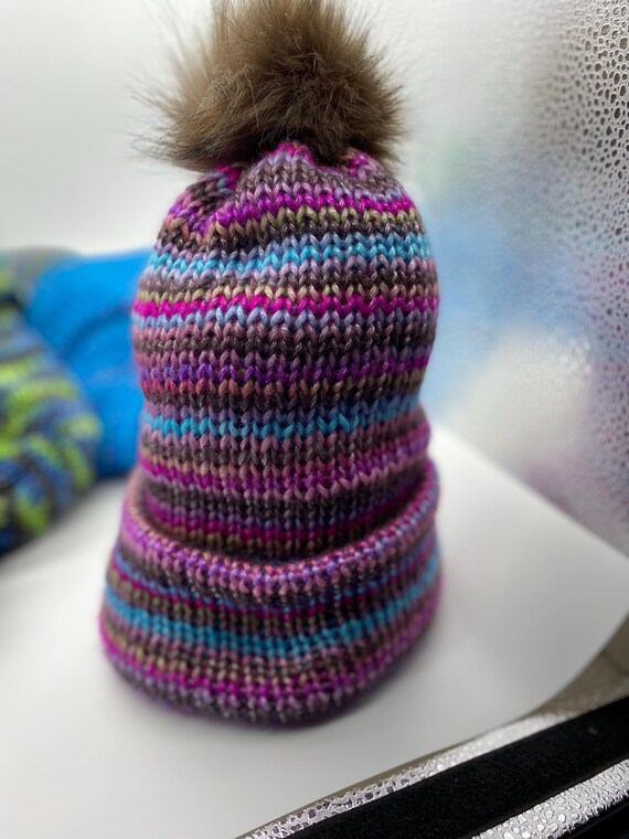 Hand Knit Beanie Style Hat, Purple and Blue, Purple Faux Fur Pom, Artisan Yarn Handknit Colorblock Beanie Hat: Blue and Purple, Faux Fur  main image 4