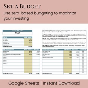 May include: A green and white budget spreadsheet titled "Set a Budget" with the instructions "Use zero-based budgeting to maximize your investing". The spreadsheet includes sections for cash in, daily living expenses, investments, and a monthly wealth tracker. The spreadsheet is designed to help users track their income and expenses, set financial goals, and invest their money.