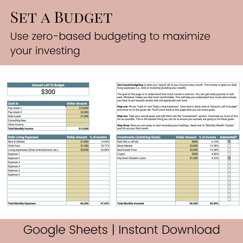 May include: A green and white budget spreadsheet titled "Set a Budget" with the instructions "Use zero-based budgeting to maximize your investing". The spreadsheet includes sections for cash in, daily living expenses, investments, and a monthly wealth tracker. The spreadsheet is designed to help users track their income and expenses, set financial goals, and invest their money.