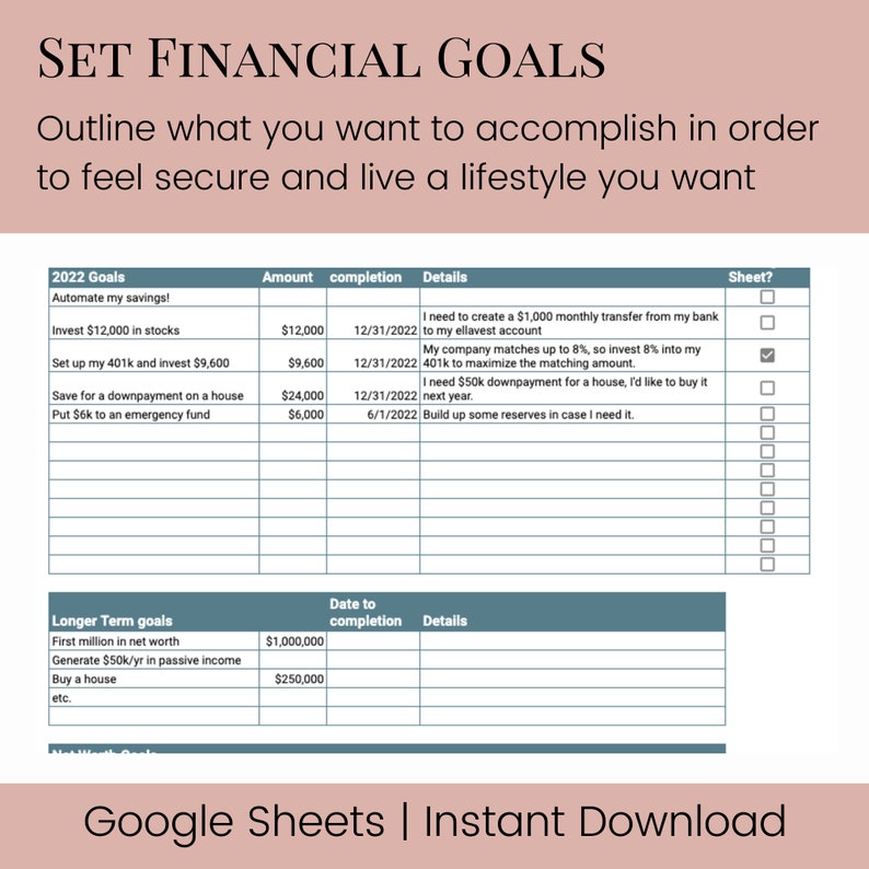 May include: A printable worksheet with a table titled "Set Financial Goals". The table lists financial goals, amounts, completion dates, details, and a checkbox for each goal. The worksheet is designed to help people set and track their financial goals.